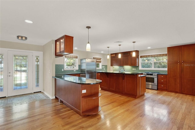 kitchen featuring stainless steel appliances, light wood finished floors, decorative light fixtures, and a healthy amount of sunlight