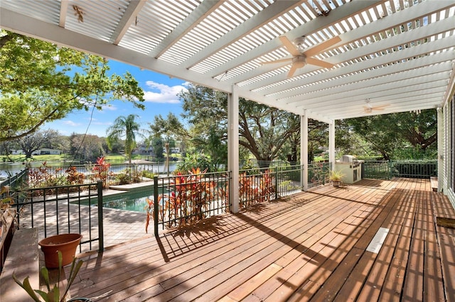 deck with a water view, a fenced in pool, and a pergola