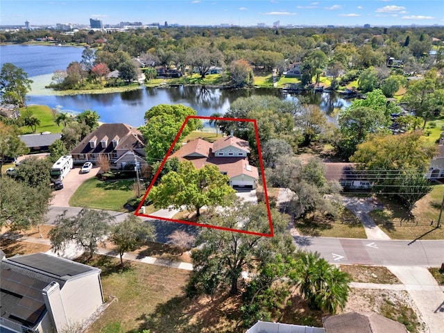 aerial view featuring a water view and a residential view