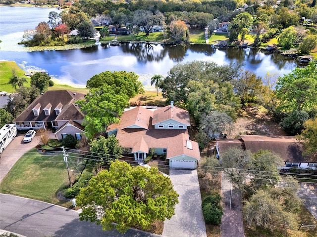 drone / aerial view featuring a water view