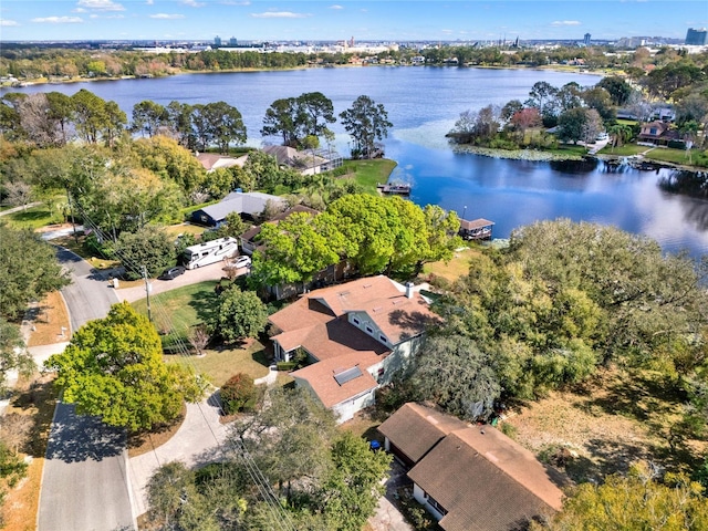 drone / aerial view with a water view