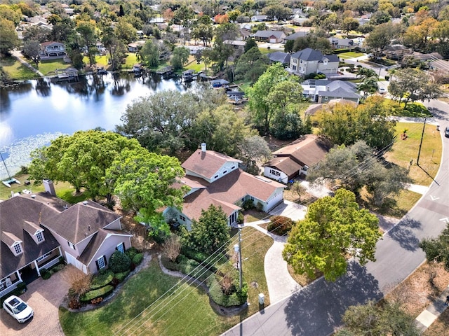 aerial view featuring a water view and a residential view