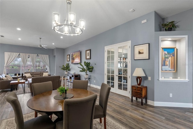 dining space featuring dark wood-style floors, french doors, recessed lighting, visible vents, and baseboards