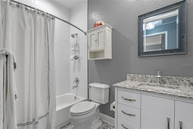 full bathroom with shower / tub combo, baseboards, a textured wall, toilet, and vanity