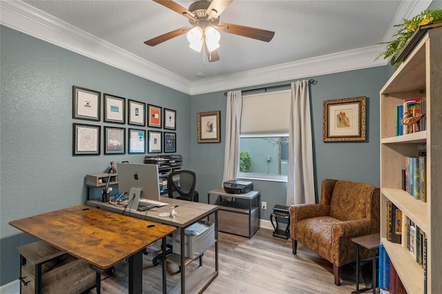 office featuring ornamental molding, light wood-type flooring, a textured wall, and a ceiling fan