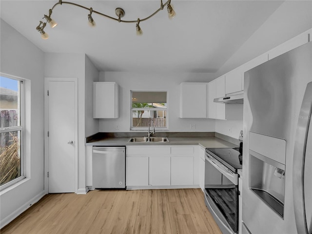 kitchen featuring stainless steel appliances, sink, white cabinets, and light wood-type flooring