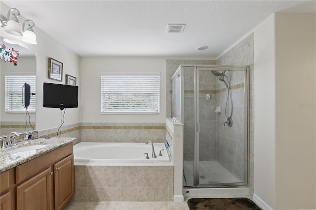 full bathroom with vanity, plenty of natural light, a shower stall, and visible vents