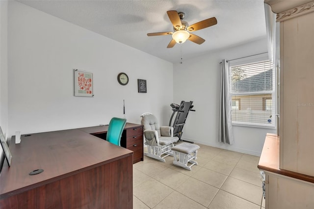 15506 Gemini Dr, Mascotte, FL 34753 - office area with light tile patterned floors, a textured ceiling, and ceiling fan