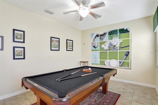 recreation room featuring light tile patterned flooring, ceiling fan, and billiards