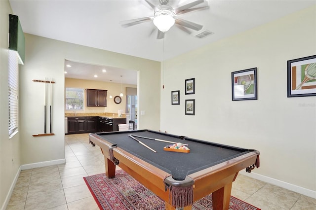 playroom with light tile patterned floors, billiards, and ceiling fan