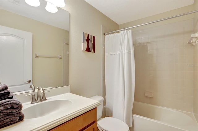 full bathroom with vanity, toilet, and shower / bathtub combination with curtain