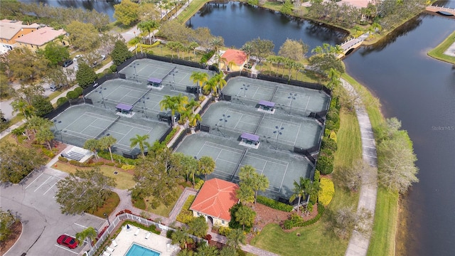 bird's eye view with a water view