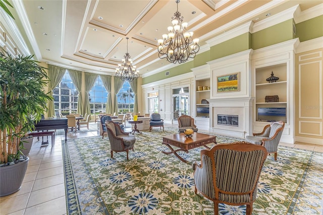 tiled living room with ornamental molding, coffered ceiling, a high ceiling, and a notable chandelier