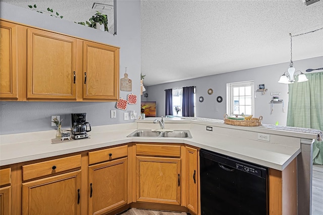 kitchen with sink, a textured ceiling, kitchen peninsula, black dishwasher, and a notable chandelier