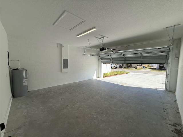 garage with water heater, a garage door opener, and electric panel