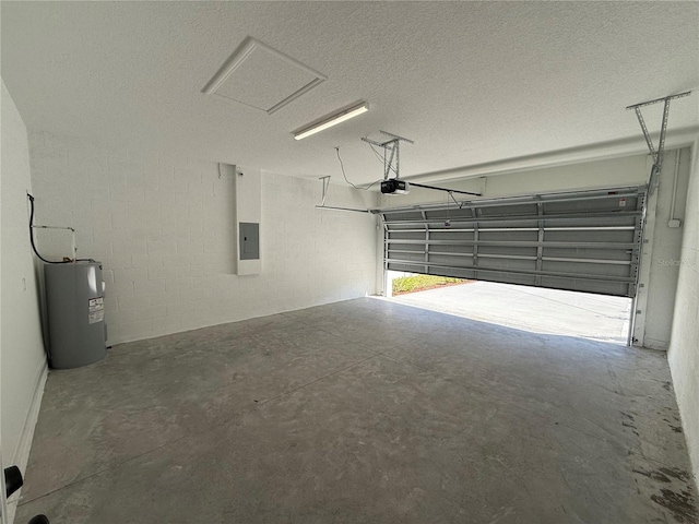 garage featuring a garage door opener, electric panel, and electric water heater