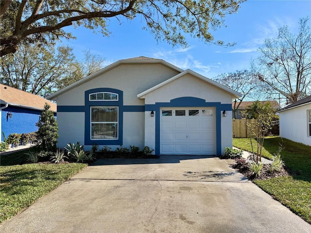 ranch-style home with driveway, a garage, fence, a front lawn, and stucco siding