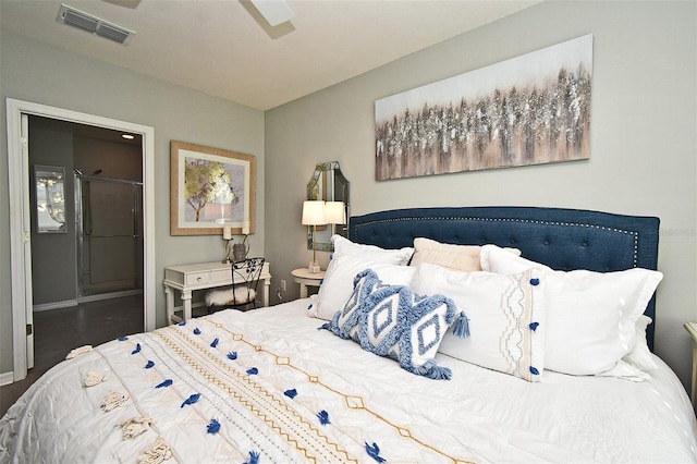 bedroom with hardwood / wood-style floors and ceiling fan