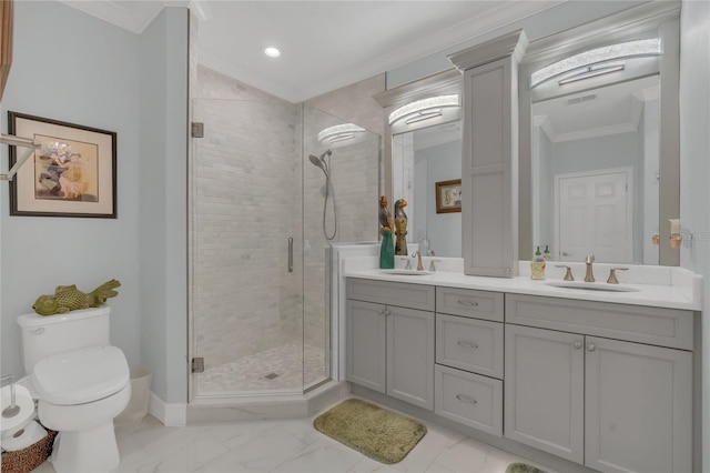 bathroom featuring vanity, ornamental molding, toilet, and walk in shower