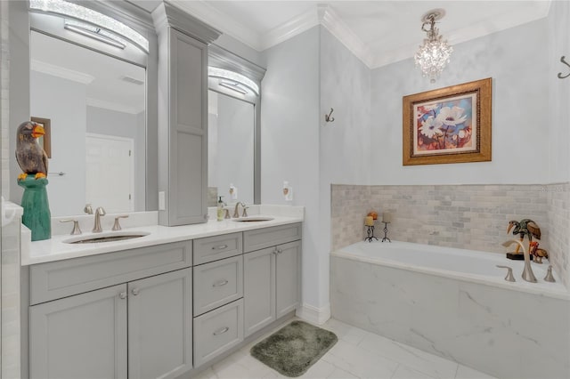 bathroom featuring crown molding, tiled bath, and vanity