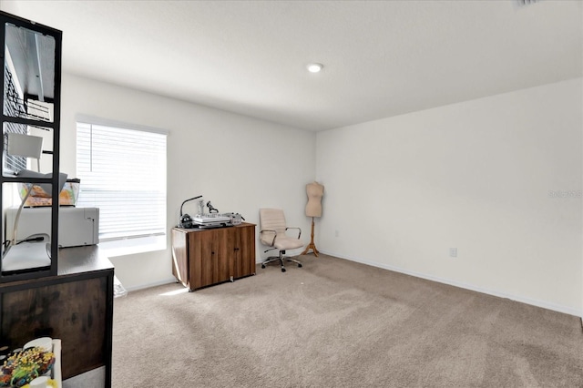 interior space featuring baseboards and light colored carpet