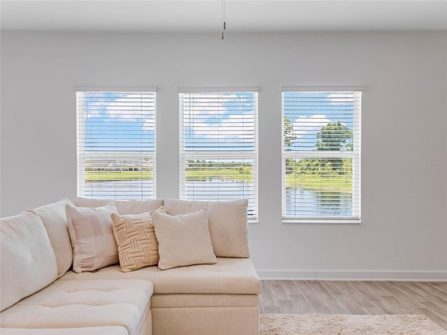 living room featuring hardwood / wood-style flooring and a water view