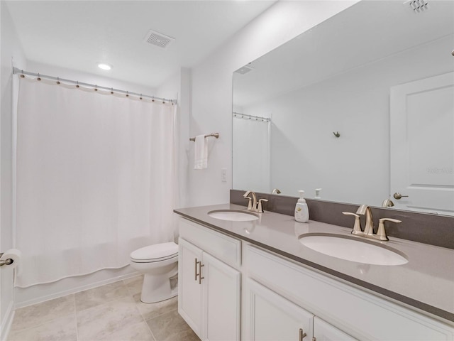 full bathroom with tile patterned flooring, vanity, shower / bath combination with curtain, and toilet