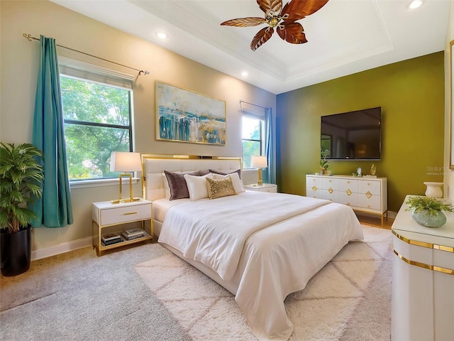 1224 Shorecrest Cir, Clermont, FL 34711 - bedroom with recessed lighting, baseboards, a raised ceiling, ceiling fan, and carpet floors