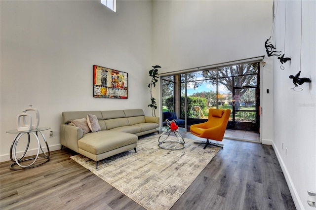 living room featuring hardwood / wood-style floors, a towering ceiling, and plenty of natural light