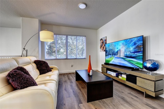 living room with hardwood / wood-style flooring and a textured ceiling