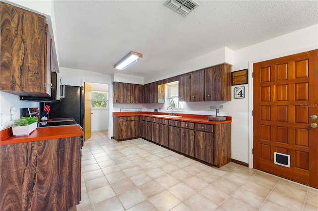 kitchen featuring dark brown cabinetry, sink, and a textured ceiling