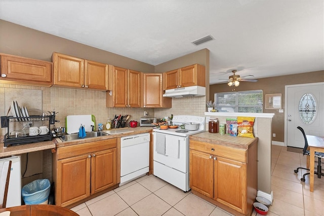 kitchen featuring sink, white appliances, ceiling fan, tasteful backsplash, and light tile patterned flooring