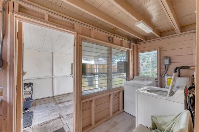 laundry room with wooden ceiling, washing machine and clothes dryer, and wood walls