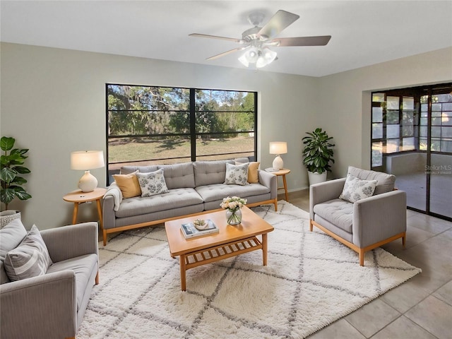 living room featuring ceiling fan