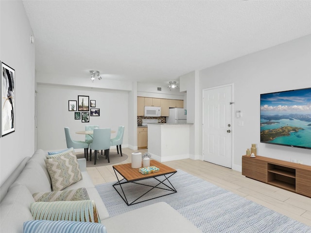 living room with a textured ceiling