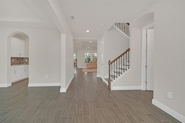 foyer entrance with light hardwood / wood-style flooring