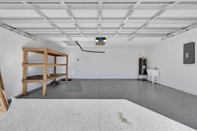 garage featuring sink, a garage door opener, electric panel, and electric water heater