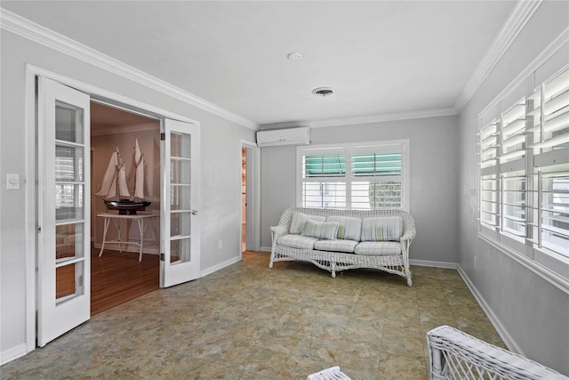 625 Brechin Dr, Winter Park, FL 32792 - sitting room featuring a wall mounted air conditioner, ornamental molding, french doors, and baseboards