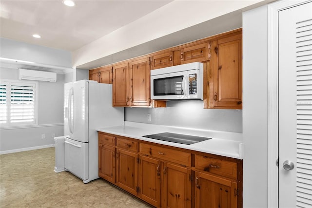 625 Brechin Dr, Winter Park, FL 32792 - kitchen with white appliances, a wall mounted AC, light countertops, brown cabinetry, and recessed lighting