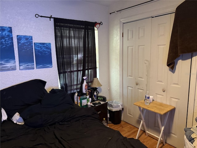 bedroom with hardwood / wood-style flooring and a closet