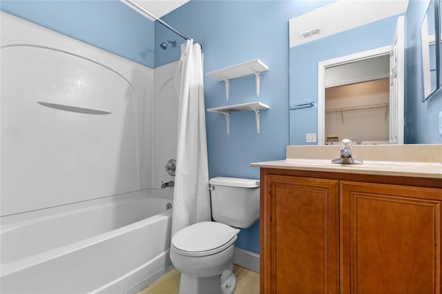 full bathroom with vanity, shower / bathtub combination with curtain, and toilet