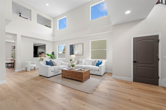 living room with light hardwood / wood-style floors and a high ceiling