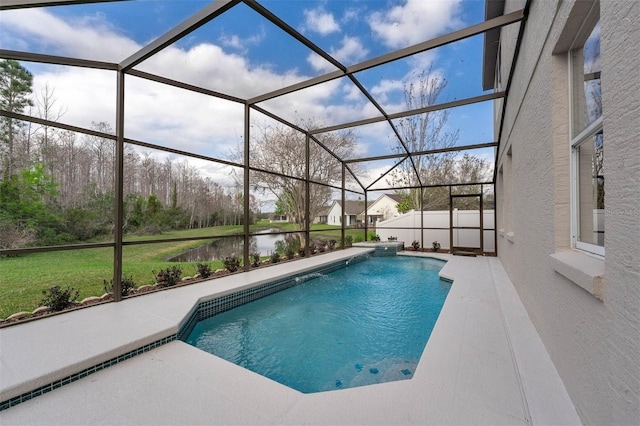 view of swimming pool with a patio area, a lanai, and a water view