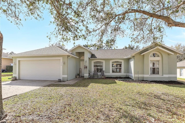 single story home with an attached garage, driveway, a front lawn, and stucco siding