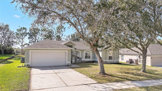 ranch-style home with an attached garage, concrete driveway, a front yard, and stucco siding