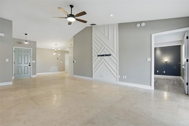 unfurnished living room featuring visible vents, baseboards, a ceiling fan, and vaulted ceiling