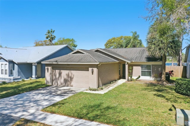 ranch-style home with stucco siding, a front lawn, driveway, fence, and an attached garage