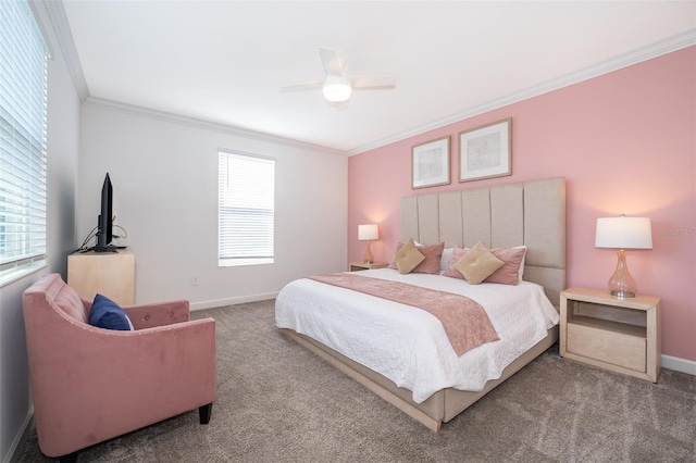 bedroom with multiple windows, crown molding, carpet floors, and ceiling fan