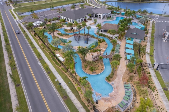 aerial view featuring a water view