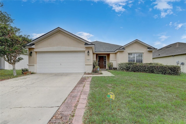 single story home with a garage and a front lawn